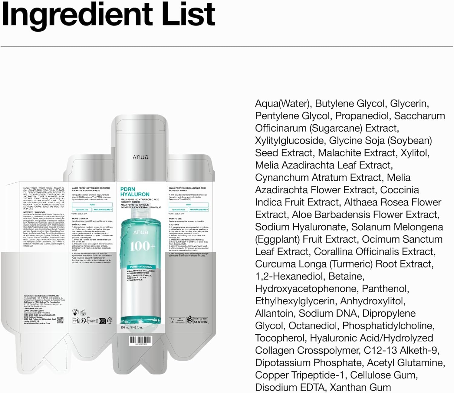Anua – PDRN 100 Hyaluronic Acid Booster Toner, 250ml